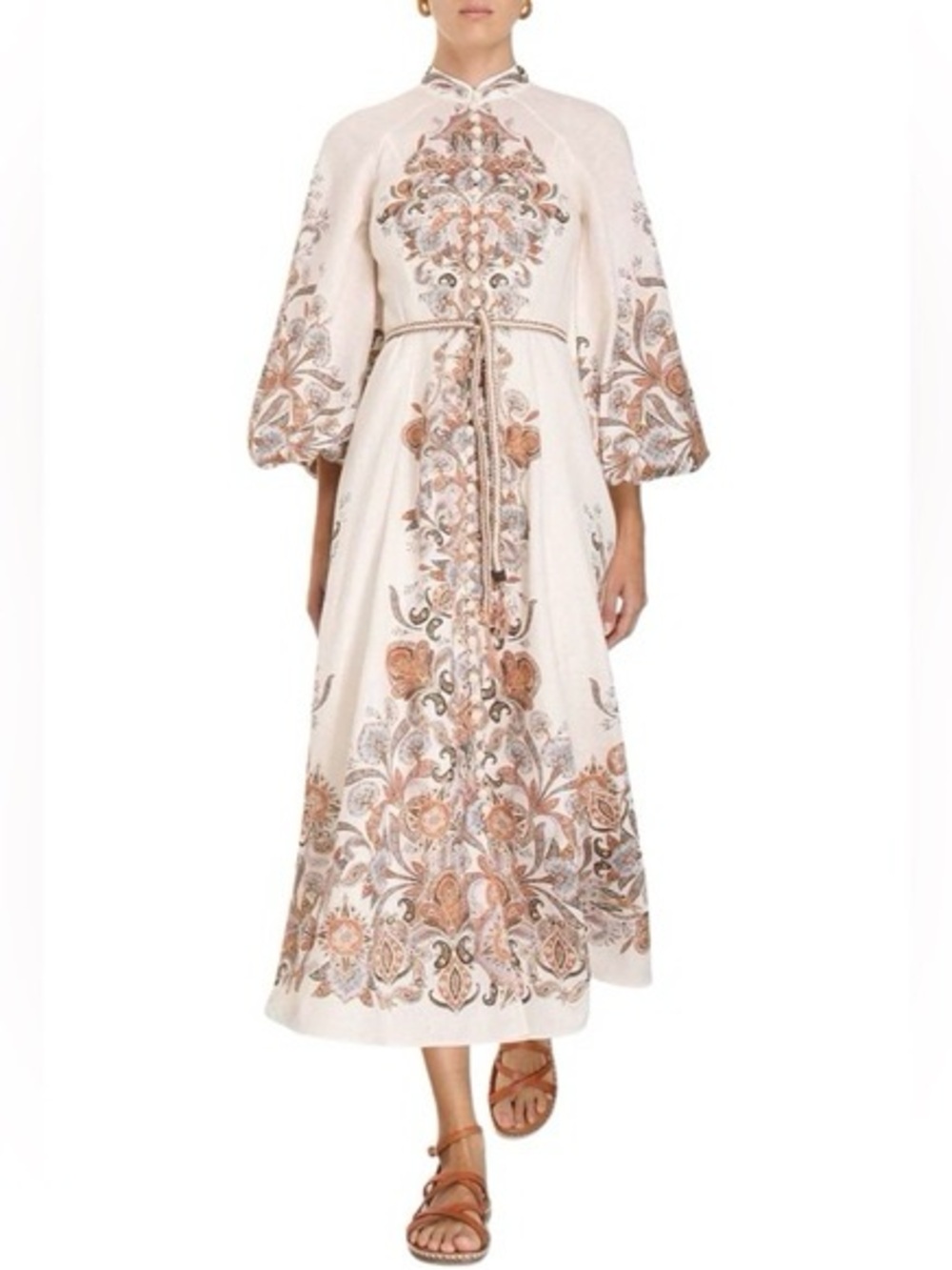 Zimmermann Cream Maxi Dress with Rose Gold and Brown Embroidery